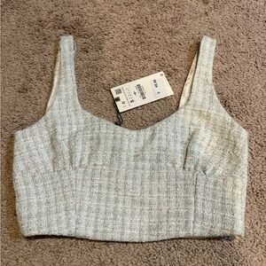 Zara Woven Cropped Tank Top Bralette in Light Sage/Ivory Size Small New NWT